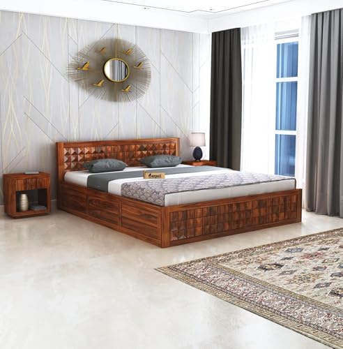 Image of Ganpati Arts Solid Sheesham Wood King Size Bed with Half Box and Front Trolly Storage for Bedroom Living Room Home | Wooden Double Bed Cot Palang Furniture for Hotel (Natural Finish)