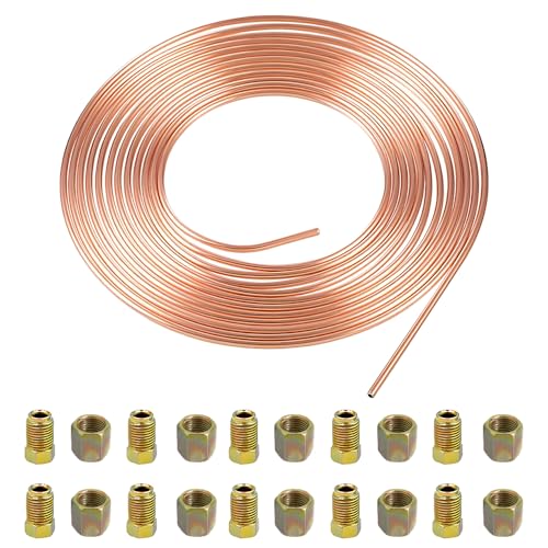 Crozgan Brake Pipe Copper Coated Steel Tubing with 20 Nuts 3/16 x 32.8ft/10m Copper Plated Brake Pipe for Connecting Brake Lines
