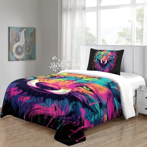 Parure de lit loup 3D housse de couette 135x200cm microfibre avec taie