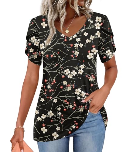 Image of CATHY 2026 Women Tops Summer Short Sleeve Tunic V Neck T-Shirts Loose Casual Floral Blouse S-4XL