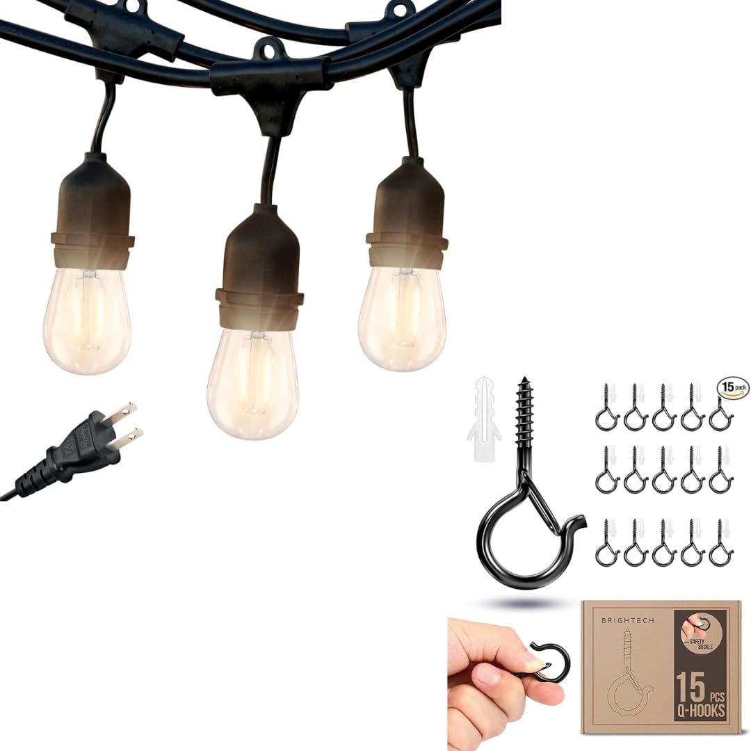 Brightech Bundle: Waterproof LED Outdoor String Lights Hanging, Dimmable 2W Vintage Edison Bulbs - 48 Ft + String Light Screw Hooks - 15 Pack, Black