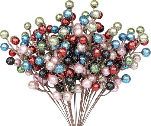 MACTING 24Pack Glitter Bunt Beeren Stiele, Künstliche Holly Beeren...