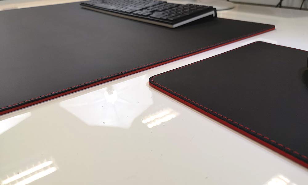 Gewinkelte Schreibtischunterlage mit Kantenschutz Echt Leder Schwarz mit roten Absatz 60 x 38cm Echt Rindsleder glatt ohne Mousepad