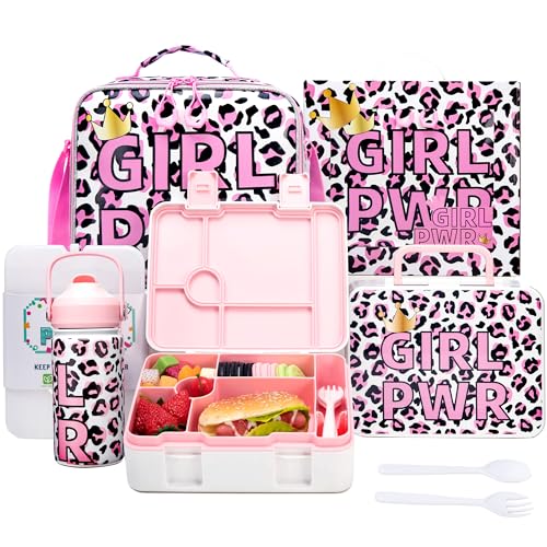 Kids Bento Lunch Box with 6 Compartments Girls Lunch Box with Lunch Bag,Leopard Print Stainless Steel Water Bottle,Ice Pack & Utensils Set,Birthday Gifts for Ages 3-12 Back to School Toddler Girls