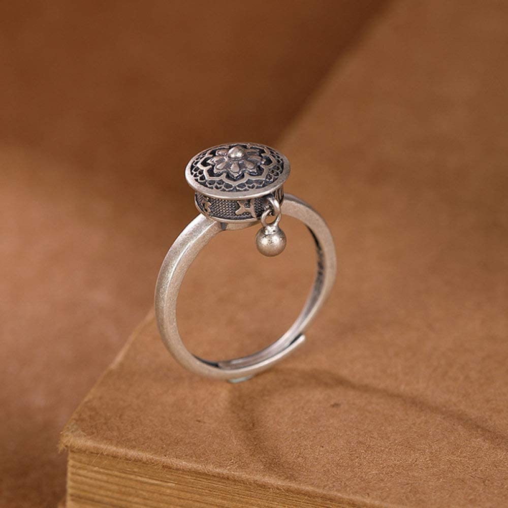 Verstellbarer chinesischer Stil Distressed - S925 Retro mit Charm Joint Ring, Gebetsradring, einzigartig für Sich/Selbst sechs (weißes Sixcharacter Mantra)