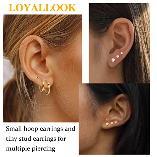 Loyallook Gold Plated Tiny Stud & Huggie Hoop Earrings - Stainless Steel, CZ Ball Flat Back - Multiple Piercings: Tragus & Cartilage3