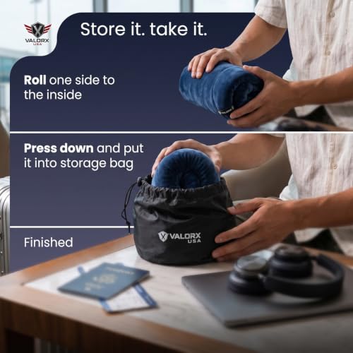 Image of Premium Memory Foam Neck Pillow by ValorX USA for Travelling 360 Neck Support with Ultra-Soft Lightweight Velvet Cover & Free Travel Pouch, Blue