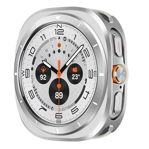 Suphart Compatible con Funda Samsung Galaxy Watch Ultra (2025/2024) 47mm, Protector de Metal Resistente con Marco Trasero para Galaxy Watch Ultra, Plata/Blanco