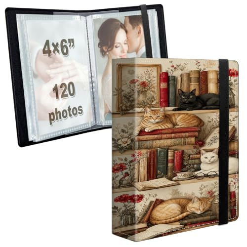 Image of Photo Album 4x6 120 Photos with Strong Elastic Band, Bookshelf Floral Cat | Large Capacity Premium Leather Picture Album, Portable Wallet Albums Photo Book for Family Anniversaries Wedding Baby