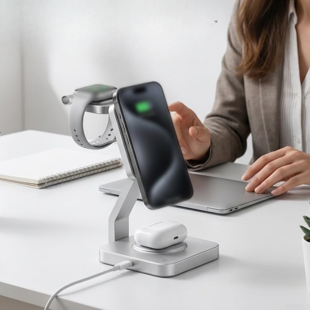 Station de charge sans fil 3 en 1 pour téléphone, montre, écouteurs, station de charge rapide avec affichage de l'horloge LED, support de charge multi-appareils noir et blanc (25 W blanc