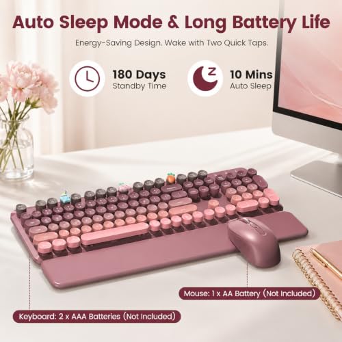 Image of Wireless Keyboard and Mouse Combo, Round Keycaps, Full-Size Retro Typewriter Keyboard with Magnetic Wrist Rest, Tilt Legs, 2.4GHz Cordless for Mac, Windows PC, Laptop, SABLUTE CK23, Dusty Rose Ombre