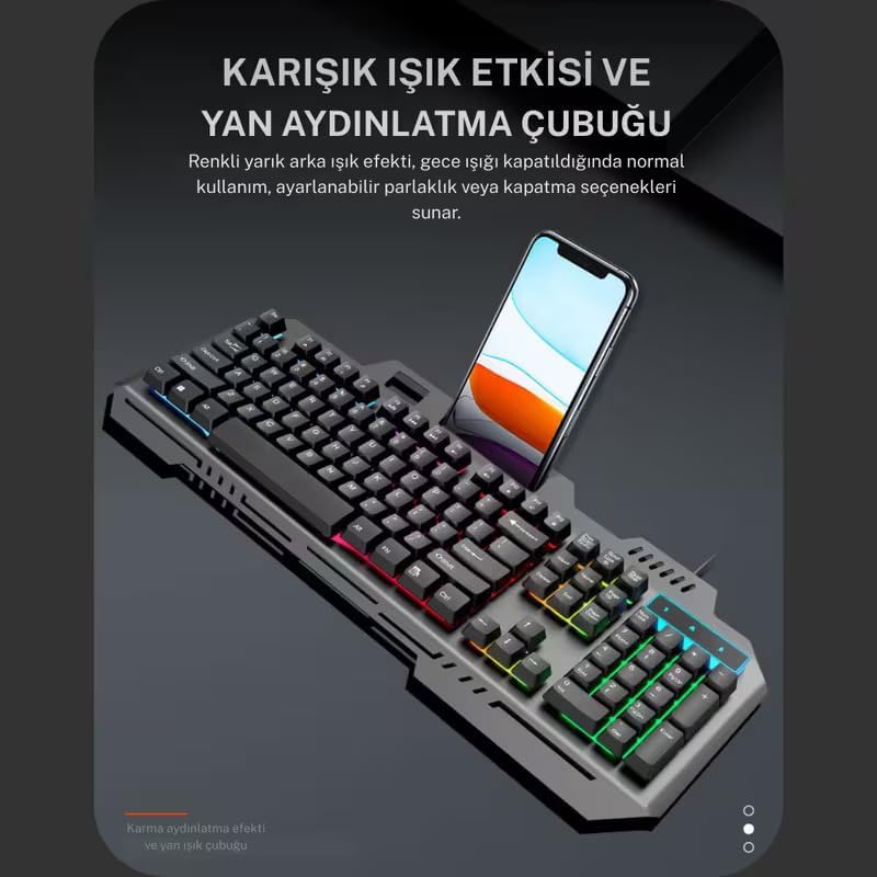 Wodimark RGB Oyuncu Klavye ve Mouse Seti, USB Kablolu, Metal Gövde, Ergonomik Tasarım, Tam Boyutlu Q Dizilim, 1600 DPI Optik Sensör, Çok Renkli LED Aydınlatma - Görsel 2