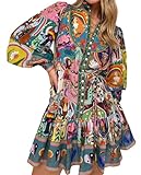 Qikaka Women's Long Puff Sleeve Turtleneck Printed Button Bodycon Sexy Nightclub Party Blouse Dress Large