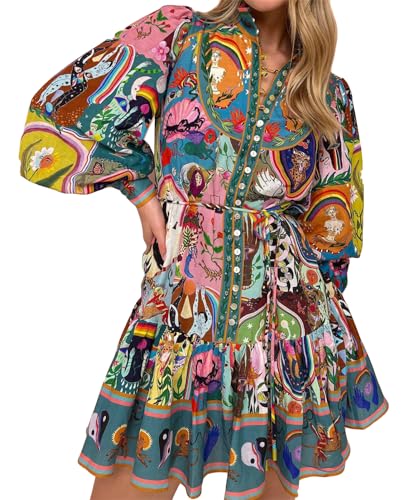 Qikaka Women's Long Puff Sleeve Turtleneck Printed Button Bodycon Sexy Nightclub Party Blouse Dress