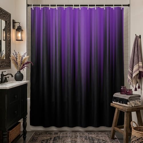 Image of AAtter Purple and Black Ombre Shower Curtain 60x72 Inch, Dark Gothic Aesthetic Polyester Fabric Bathroom Decor with 12 Hooks, Moody Abstract Striped Bathtub Set
