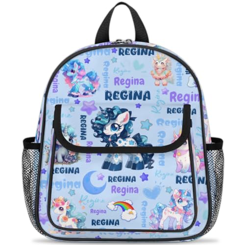 Personalized-Toddler-Backpack - Custom Kids Backpack for Boys & Girls 3-6 Years, Lightweight Polyester with Safety Whistle Strap, Small Daycare Bookbag | Cute Unicorn Blue