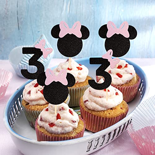 24 Pack 3Rd Birthday Party Cupcake Toppers Number 3 Mini Mouse Inspired Cake Picks Decorations For Baby Shower Mini Theme Kids Third Birthday Party Supplies Black Pink #TOP6