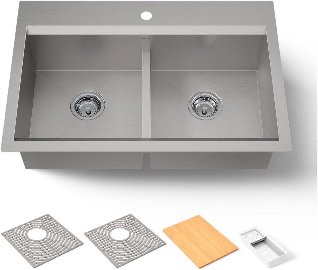80085-1PC-NA Task™ 33" Smart Divide Top-/Undermount Double-Bowl Workstation Kitchen Sink, Includes Workstation Sink Accessories, Stainless Steel, 1 Faucet Hole