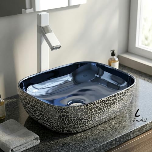 Image of InArt Designer Ceramic Wash Basin /Vessel Sink /Over or Above Counter Top Wash Basin for Bathroom Rectangle Shape Blue Color 18 x 13 x 5.5 Inch