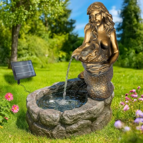 Solar Gartenbrunnen 250 l/h Teichbrunnen Brunnen Solarbrunnen Zierbrunnen Wasserfall Gartenleuchte Teichpumpe mit Li-Ion-Akku, LED-Beleuchtung 2,5W Solarpanel für Garten, Balkon, Terrasse
