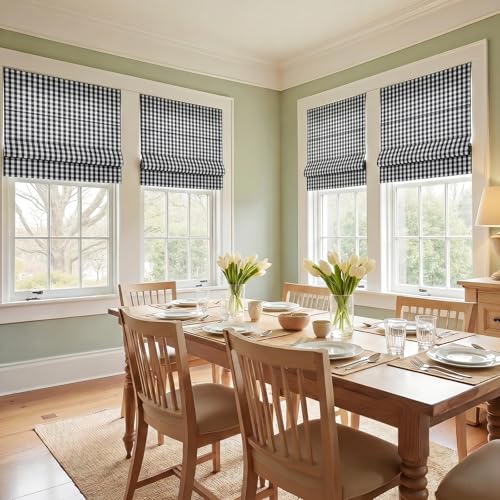 Image of TWOPAGES No Drill Cordless Buffalo Plaid Roman Shades Roman Blinds for Windows, Custom Made Room Darkening Country Checkered Blinds Farmhouse Shades, Black Small Plaid, 1 Piece