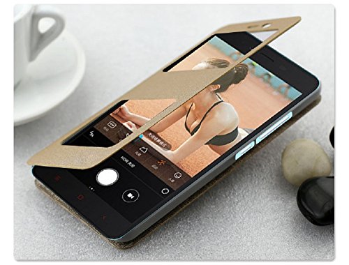 Image of Heartly GoldSand Sparkle Luxury PU Leather Window Flip Stand Back Case Cover for Xiaomi Redmi Note 2 Dual Sim - Hot Gold