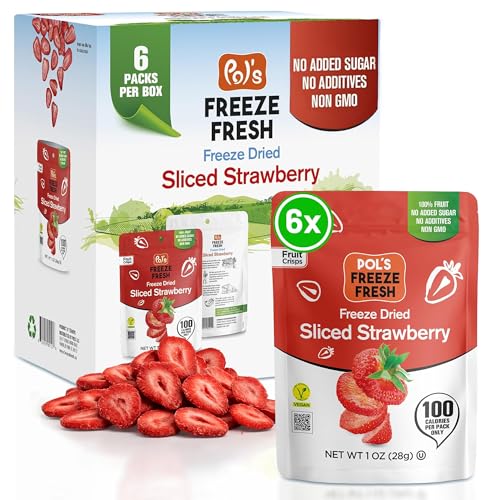 Pol’s Freeze Fresh - 6 Pack Sliced Freeze-Dried Strawberries (1 Oz Each) – No Added Sugar, Non-GMO, Vegan, Gluten-Free Single-Serve Snack Packs