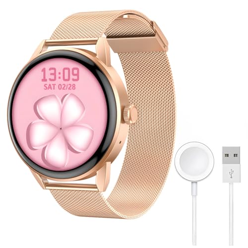 Reloj inteligente redondo para mujer con funciones de fitness, llamadas inalámbricas, NFC, podómetro, frecuencia cardíaca, monitoreo de oxígeno en sangre en oro rosa para iOS y Android