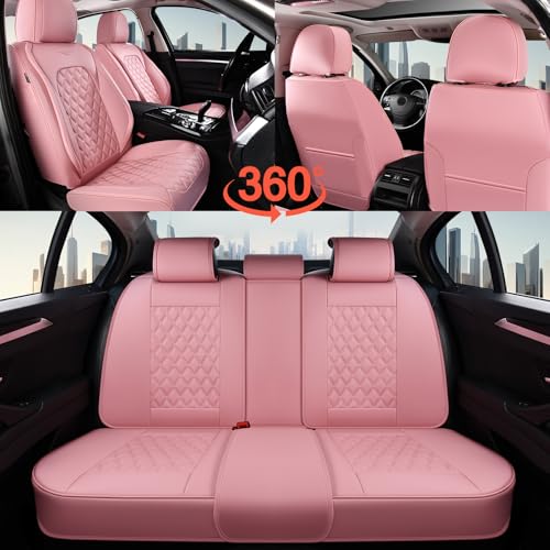 Image of Coverado Full Set Car Seat Covers, Luxury Faux Leather Waterproof Seat Covers, Pink Car Seat Protectors, Universal Fit for Most Cars, Automotive Seat Covers-Pink
