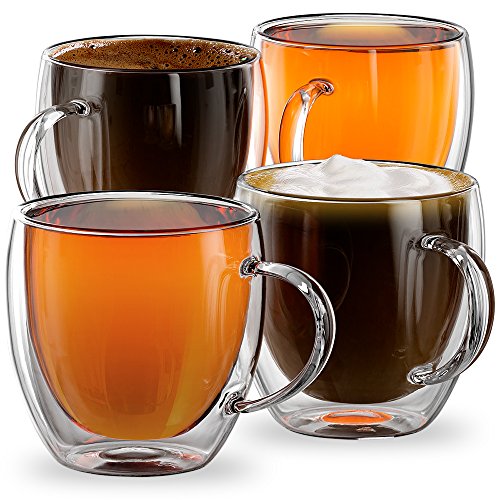 Stone & Mill Set of 4 Double Walled Glass Americano Coffee Cups, 8.5 Ounce, Firenze Collection, Insulated Cups for Latte, Cappuccino, Tea, Box Set AM-02