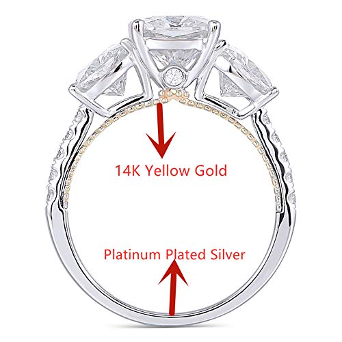 Doveggs 14K Yellow Gold Inner Half Shank Platinum Plated Silver Outside Shank Center 4Ct 6Mm-7.5Mm-6Mm H-I Color Cushion Cut Three Stones Moissanite Engagement Rings Solitare With Accents Band Width 2.3Mm (8) #TOP1
