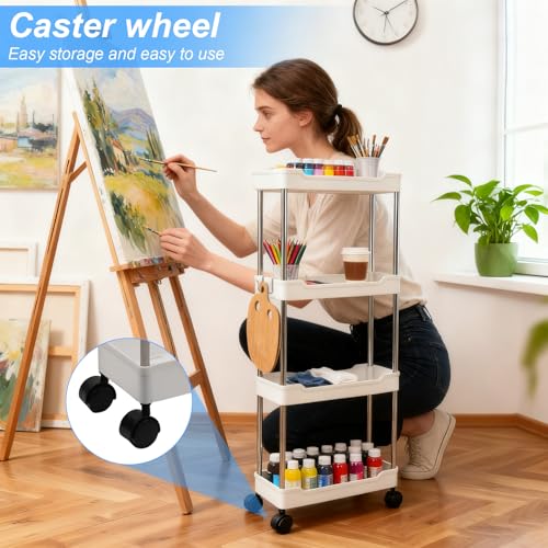 4 Tier Slim Storage Trolley Slide Out Rolling Utility Shelf Rack Storage Cart on Wheels Mobile Shelving Space Organizer with Hook for Small Narrow Spaces Kitchen/Bathroom/Laundry Room/Office,Plastic - Image 4