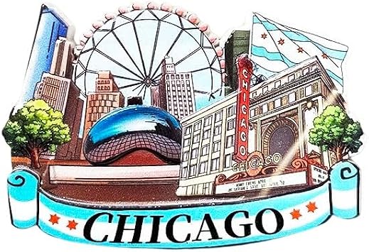 Chicago Landmarks Decorative Souvenir Magnet, Navy Pier Ferris Wheel and Chicago Theater Design