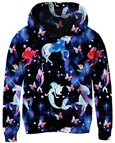 Teens Cool Mermaid Pullover Sweater for Girls Fasion Black Blue Unicorn Hoodies 13 14 Years Juniors 3D Print Starry Galaxy Long Sleeve Spring Outfits Young Boys School Loose Fit Sports Sweatshirts