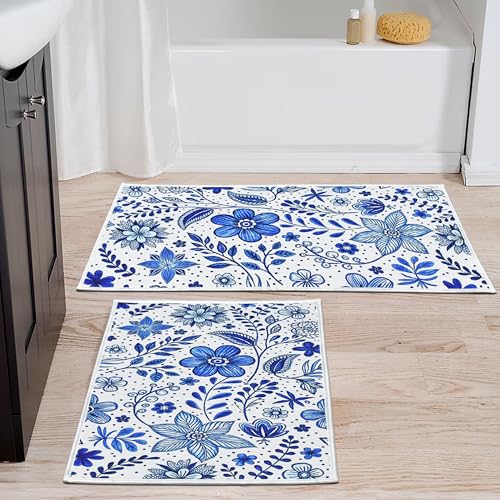 Image of Digital Printed Bathmat Set of 2 | Anti-Skid Mess Backing | Large & Small Combo | Water Absorbent, Quick Dry, Soft Floor Mat for Bathroom & Home Color - Floral Printed White and Blue