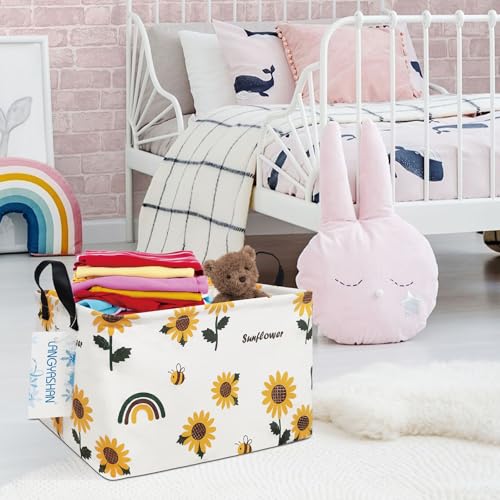 Image of Rectangular Storage Bin Collapse Canvas Fabric Cartoon Storage Basket with Handles for Organizing Home Kitchen Boys and Girls Toys Office Closet Shelf Baskets(Rec Sunflower)