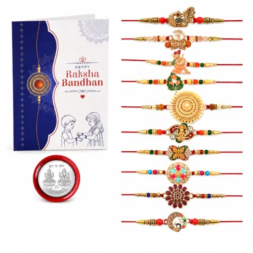 Image of Periapt Rakhi Gift Set for Brother & Bhabhi - Traditional Rakhis with Silver Coin & Greeting Card - Combo for Raksha Bandhan