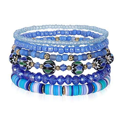 Bohemian Beaded Bracelets For Women Girls Stackable Natural Stone Boho Stretch Clay Heishi Bracelet Set Multilayered Strand Seed Beads Bracelets Handmade Summer Jewelry Gifts For Men, Ocean Blue #TOP23