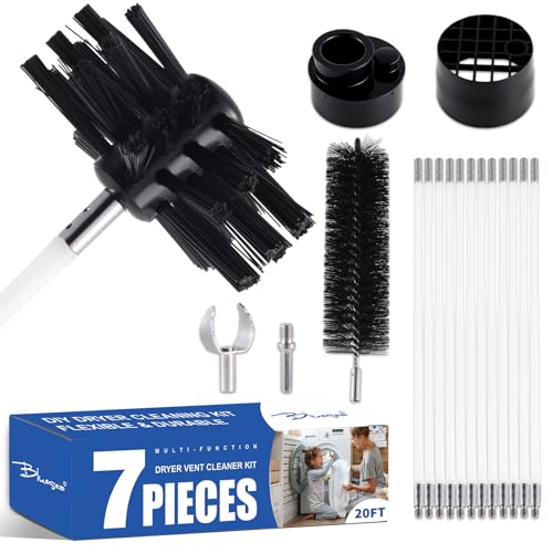 Bluesea 7 Pieces 20 Feet Dryer Vent Cleaner Kit, Reinforced Nylon Dryer Vent Cleaning Kit, Durable Dryer Vent Brush Vacuum Attachment with Flexible Lint Trap Brush, Vacuum & Dryer Adapters