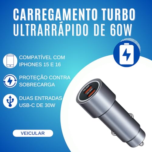 Carregador Veicular Turbo 60W USB C com Cabo Tipo C de 1 Metro Compatível com Novo Iphone 15 16 Pro