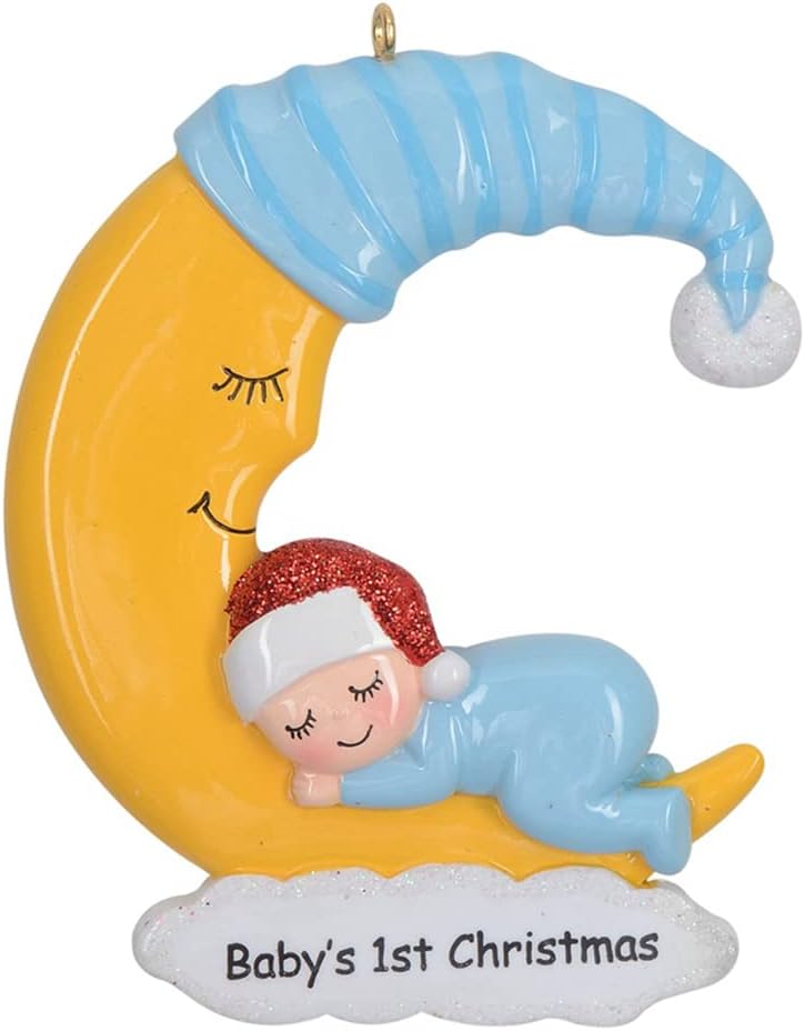 Blue Sleeping Baby On Moon Christmas Ornament 2026 | Personalized Baby's 1st Christmas Keepsake with Santa Hat Year Moon - Newborn Son Grandson Light Skin Tone Gift