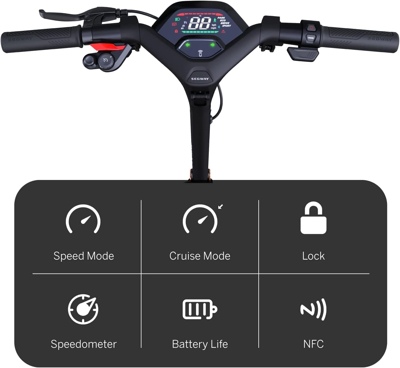 Primeiro plano do manillar e da pantalla dixital do Segway Ninebot P65A.