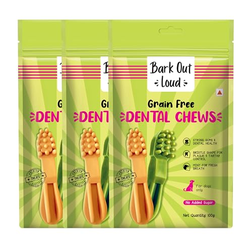 Image of BARK Out Loud - Dental Treats | Brush Shape Dog Chews | Removes Plaque /Tartar | Fresh Smell | Oral Care Gluten Free| Chicken Dog Treats- 300 GMS (100 gm x 3), All Life Stages, Stick
