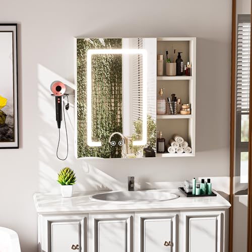 Armoire Miroir de Salle de Bain avec Miroir Anti-Buée LED et Rangement - Murale Peu Encombrante Armoire de Toilette Miroir Salle de Bain- Idéale pour Les...