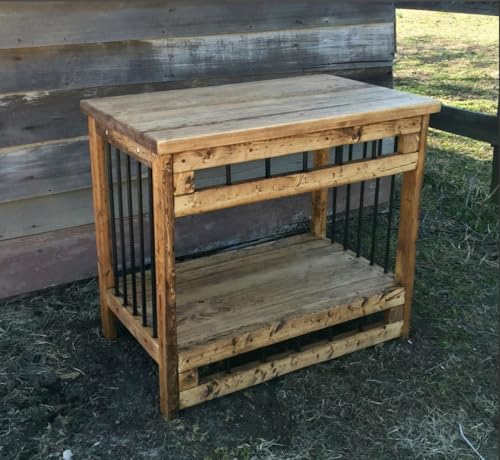 Rustic Industrial Kitchen Island, Handcrafted Reclaimed Wood with Metal Rebar Accents, Lower Shelf, 37.5 x 22.75 x 33.5 in