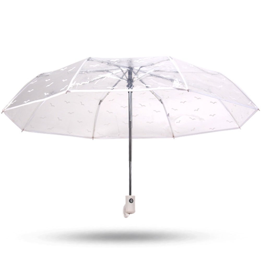 werfamilyFull Automatic Umbrella Folding Transparent Clear Auto Open Travel (White Seagulls)