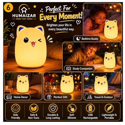 Image of HUMAIZAR Silicone LED Night Light for Kids, Soft Touch Animal Bedside Lamp for Bedroom & Nursery, Rechargeable Cute Night Lamp (Winking CAT)
