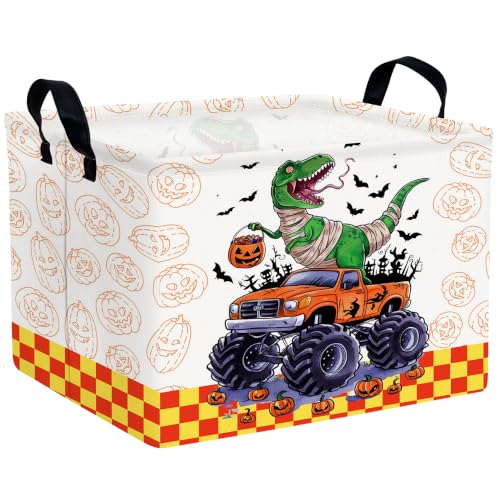 Large Halloween Themed Candy Gift Boo Basket for Kids Baby Personalized Adults Storage Bin Fall Decor(Grid Monster Truck Dinosaur)