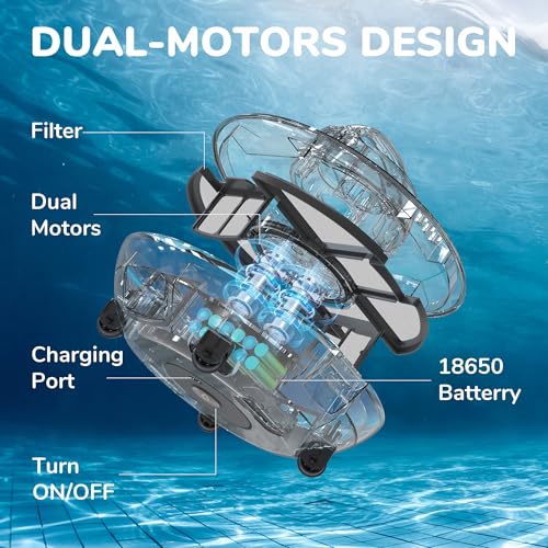 Cordless Robotic Pool Cleaner, Pool Vacuum with Dual-Drive Motors, Top Handle, Self-Parking Technology, Lightweight, Perfect for Above-Ground/In-Ground Flat Pools up to 645sq.ft (Lasts 90 Mins)