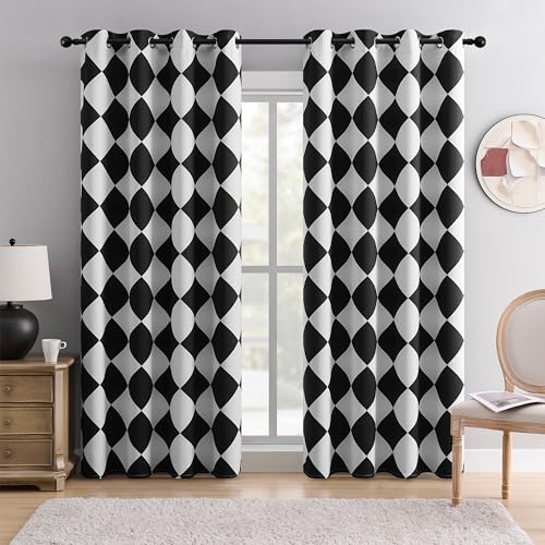 BOHOMOCASA Black and White Diamond Pattern Blackout Curtains for Living Room, Modern Geometric Window Drapes, 100% Light Blocking Curtains for Bedroom, Grommet Top 52 x 96 Inches, 2 Panels
